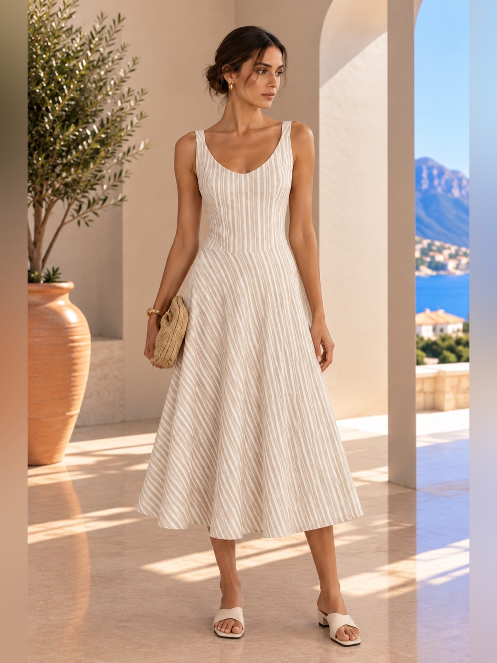 Commense Khaki Striped Asymmetrical Hem Midi Dress XS | Sold Out